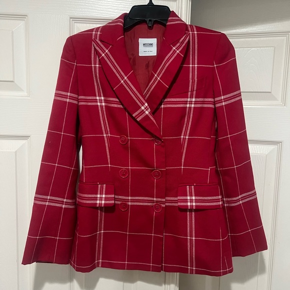 Moschino 90s Dishcloth Double Breasted Tailored Red Plaid Blazer Size 4 - Picture 11 of 12